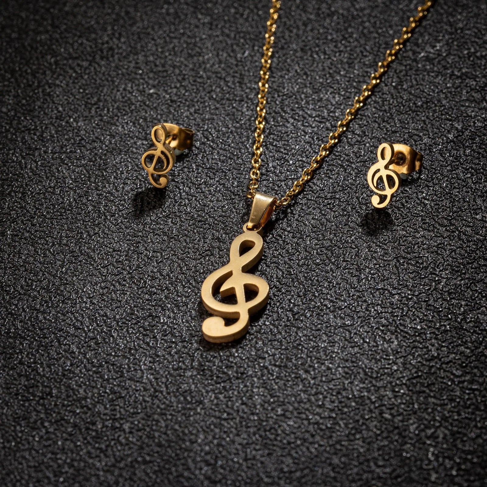 Treble G Clef Stainless Steel Gold Plated Pendant Jewelry Set Necklace Earrings Design Gift