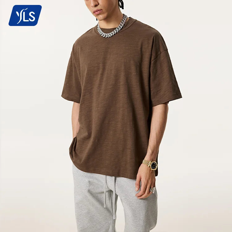 YLS1235 190 Grams 100% Slub Cotton Bamboo T Shirts Custom Screen Print Drop Shoulder Quality T-Shirt for Men