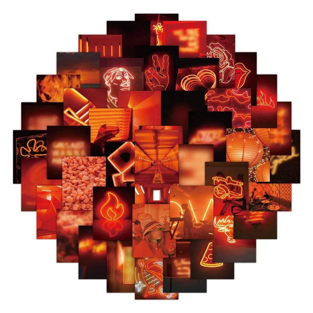 50pcs Red Neon Lights Waterproof PVC Graffiti Decorative Sticker Packs for Laptop Luggage Notebook Cup Water Bottle Skateboard