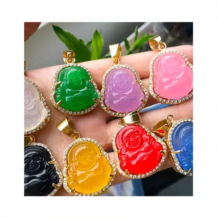 Elegant Stainless Steel Natural Maitreya Ladies Cz pink Jade Buddha Pendant Necklace