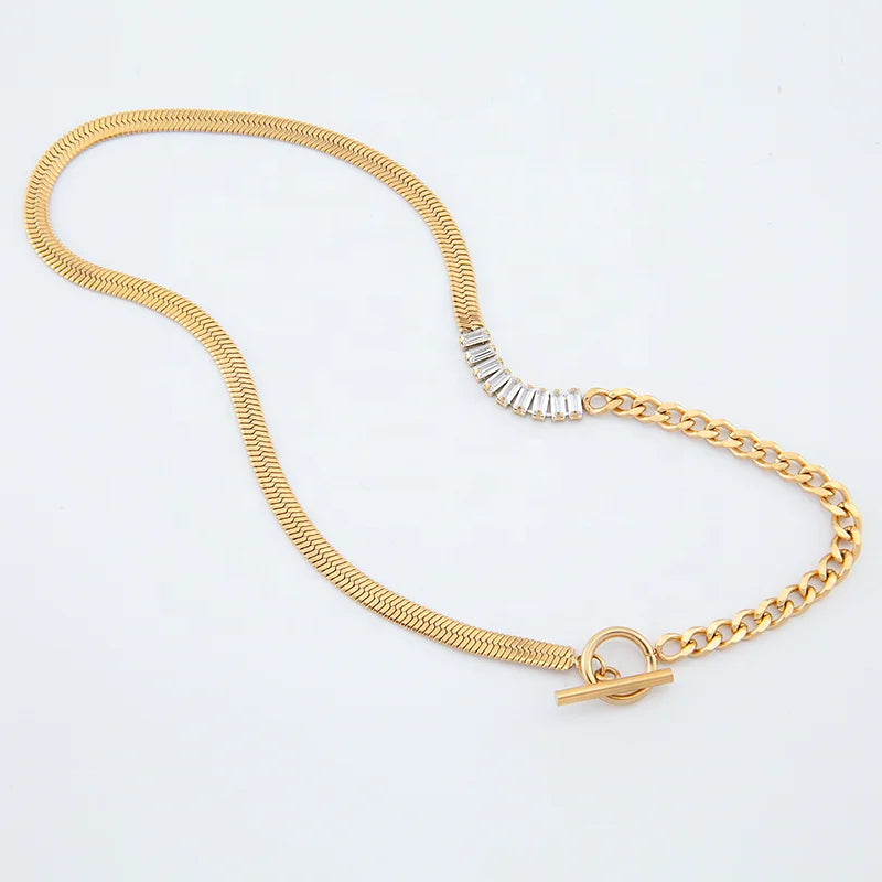Simple Luxury Fashion Jewelry Splicing Stainless Steel Gold Plated Snake Chain Zircon Women Charm Necklace