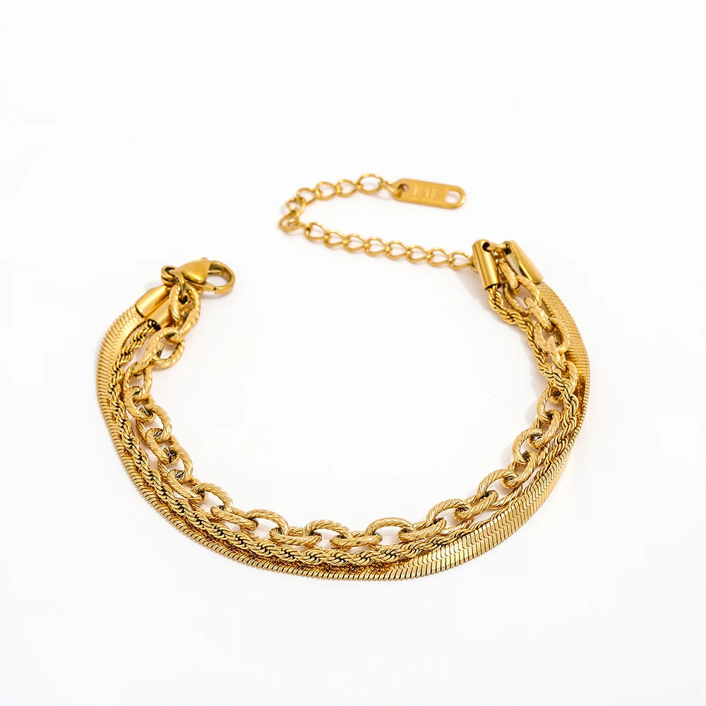 18K PVD Gold Plated Snake Chain Herringbone Cable Chain Multi-layer Stainless Steel Charm Bracelet for Women Wholesale Jewelry