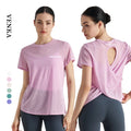New Arrival Women's Casual Lightweight Breathable Quick Dry Top Round-Neck Short Sleeve Shirt Loose Back Hollow Soft Fabric