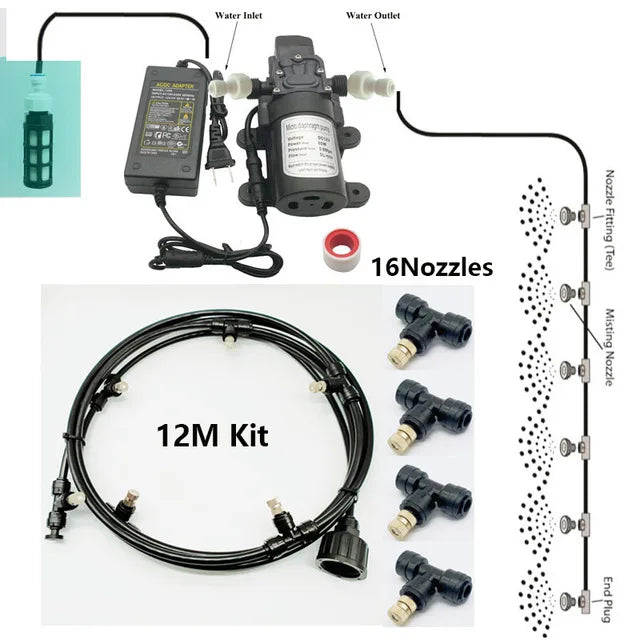 E-18th 12M Outdoor Cooling Water Misting System Kit with Brass Nozzle for Garden Greenhouse Park Plants Spray Watering