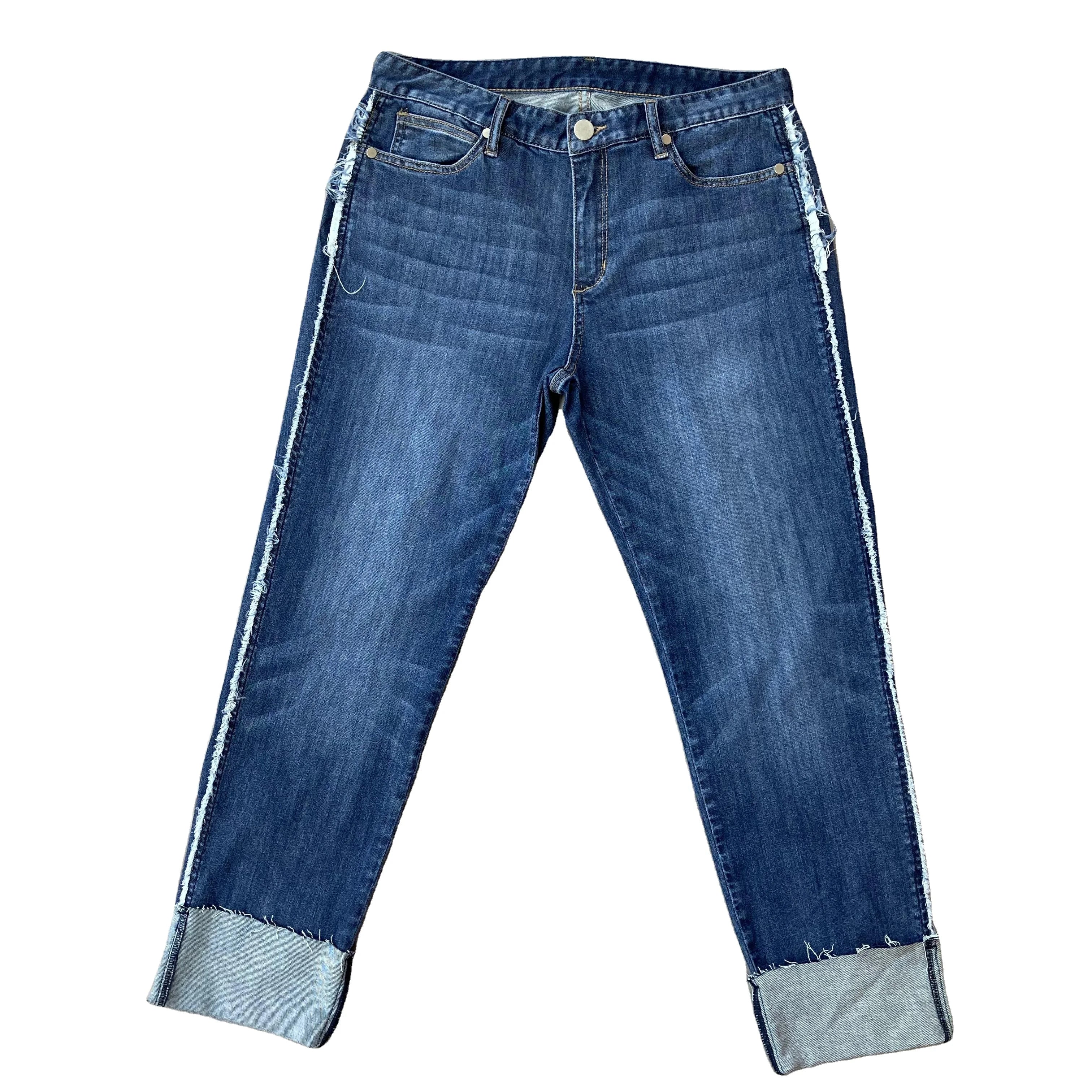 DENIMGUYS Turnover Bottom Raw Edge Outseam Back Pocket Removed Womens Ladies High Street  Knitted Casual Jeans