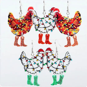 Creative Cartoon Animal Chicken Red Rooster Lights Santa Hat Christmas Holiday Glitter Boots Acrylic Drop Earrings High Fashion