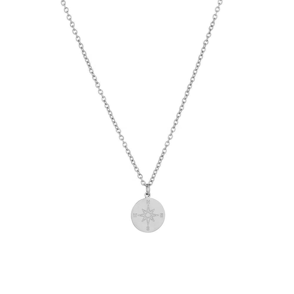 Vintage Customized Compass Circle Pendant Necklace for Women Trendy Stainless Steel Jewelry with Gold Plating Link Chain