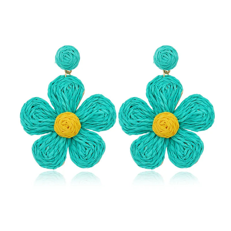 Rattan Earrings for Women Statement Boho Raffia Straw Wrapped Flower Drop Dangle Earrings Summer Tropical Beach Jewelry