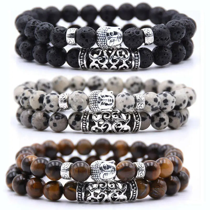 2PCS Alloy Buddha Head Natural Gem Bead Bracelet Combination Set Holiday Gift Anniversary Gift for Friends and Family