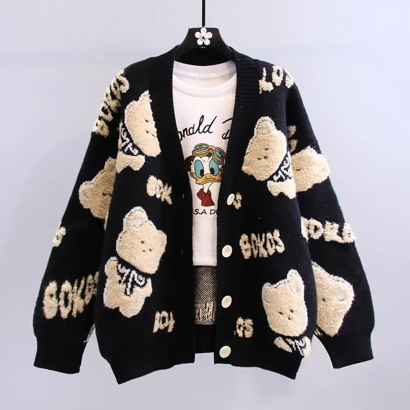 OEM Custom Women's Long Sleeve Winter Sweater Jacquard Knitwear Ladies' Knitted Cardigan Featuring Embroidered Animal Girls'