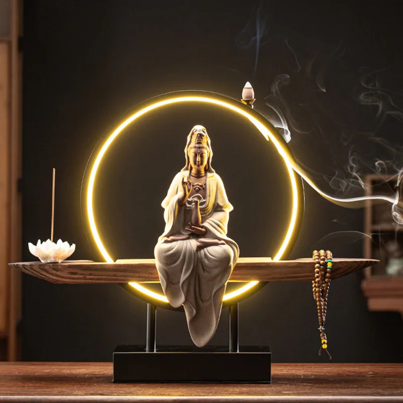 Incense Burner LED Light Lotus Guanyin Ceramic Aromatherapy Burning Waterfall Flow Incense Burners Backflow Burner Stick Holder