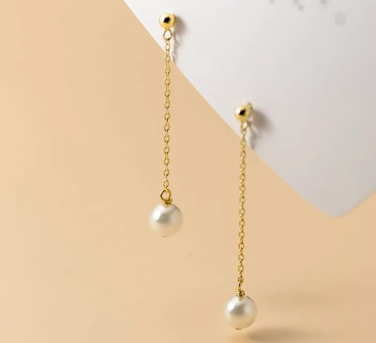 Wholesale Fashion Jewelry 925 Sterling Silver Long Tassel Chain with Pearl Gold Plated Stud Earring Jewelry for Women