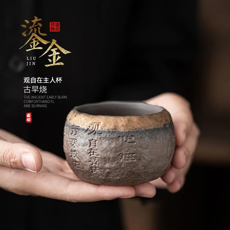 Stoneware Handmade Embossed Heart Sutra Zen Tea Strainergilding Iron Glaze Single Cup Ceramic Personal Cup Teacup Tea Bowl