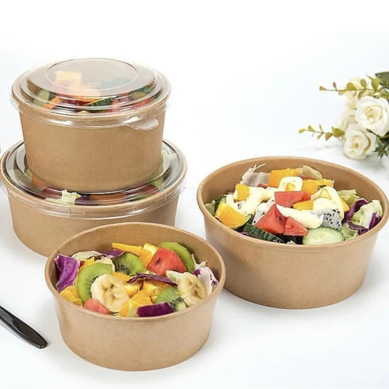 Eco Friendly Disposable Custom Printing Food Packing Box Container Salad Kraft Paper Bowl With Lid