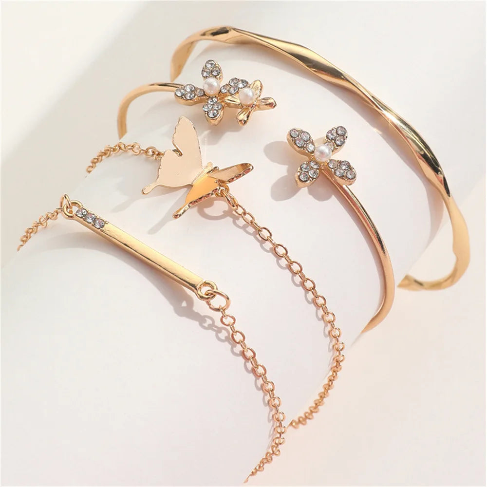 4pcs/set Women's Retro Imitation Pearl Clover Open Bangle Set Bracelets Gold Chain Butterfly Party