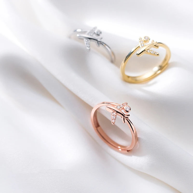 Daidan Open Ring 925 Epoxy Zirconia Cute Silver Airplane Adjustable Rings for Women Girl
