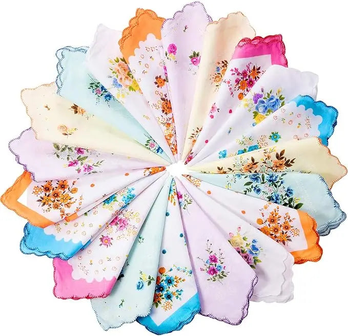 Women's Vintage 30*30cm Cotton Pocket Square Ladies' Assorted Color Scalloped Edge Flower Print Small Handkerchief for Gift