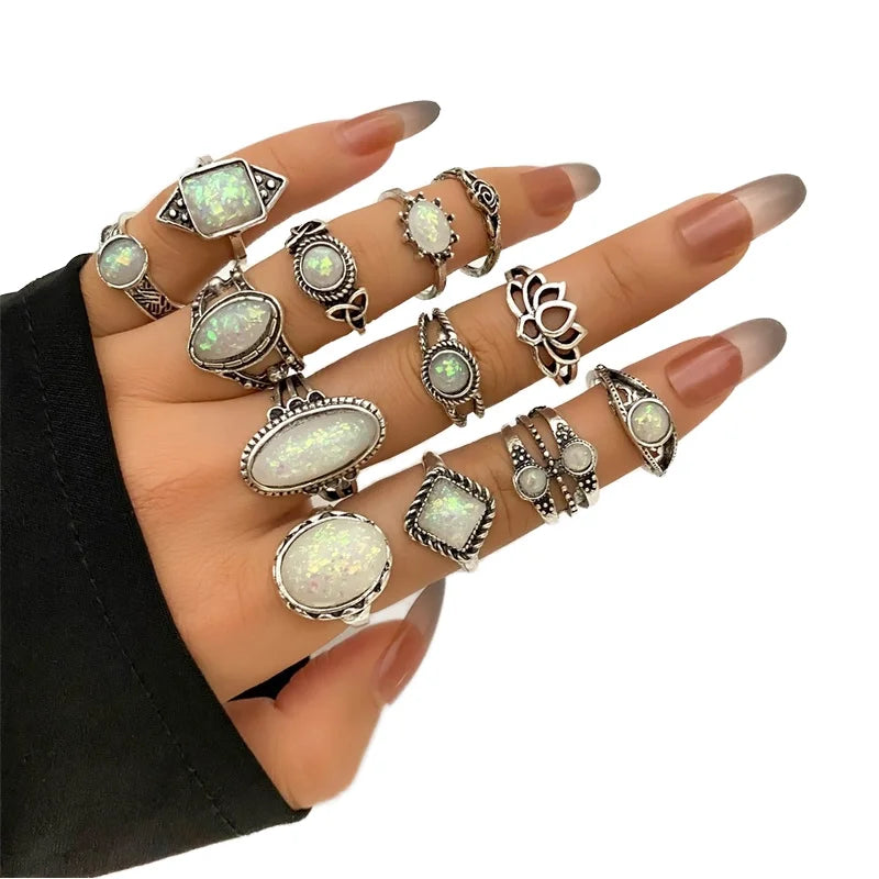 Vintage Style 13pcs/set Gold-Plated Moonstone Ring Women's Alloy Jewelry for Wedding Engagement Gift Party Wholesale