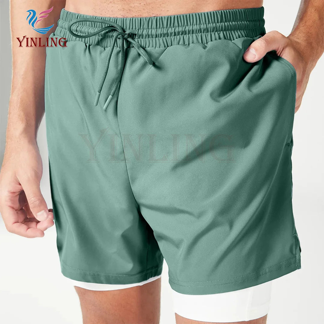 Solid Compression Shorts 2 in 1 Workout With Pocket Gym Shorts for Men