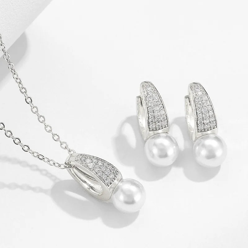 Trendy Jewelry Sets Pearl Pendant Necklace and Earring Studs Set Women Girls Fashion Jewellery