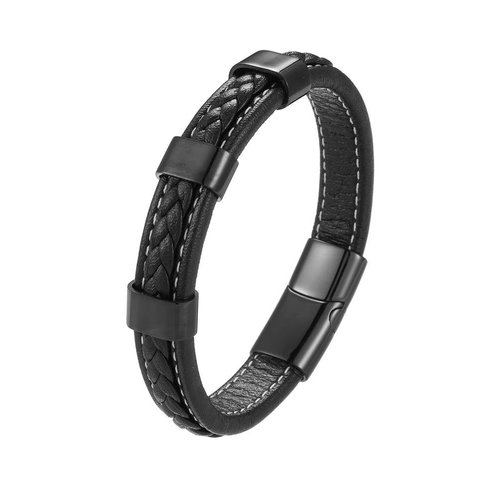Fatingna Handmade Leather Bracelet Vintage Metal Stainless Steel Bracelet Trendy Braided Geometric Design Buddhism-Inspired