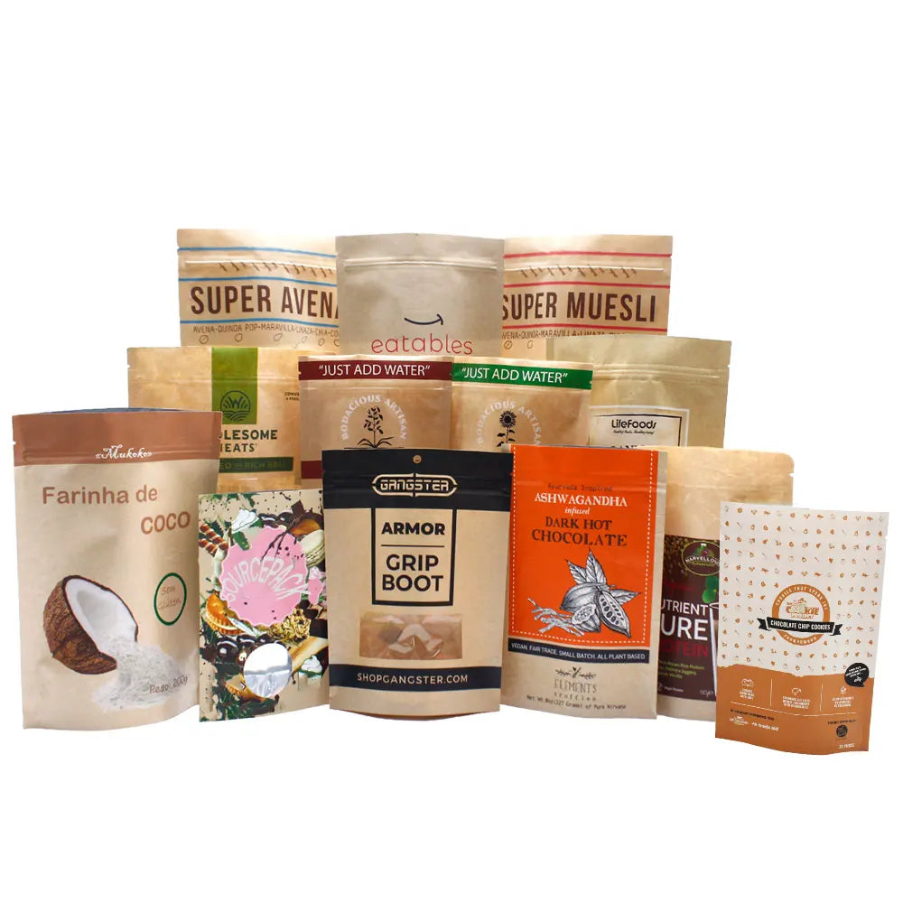 Eco Friendly Stand up Pouch Dried Fruit Snack Nuts Powder Doypack Food Packaging Ziplock Kraft Paper Bag