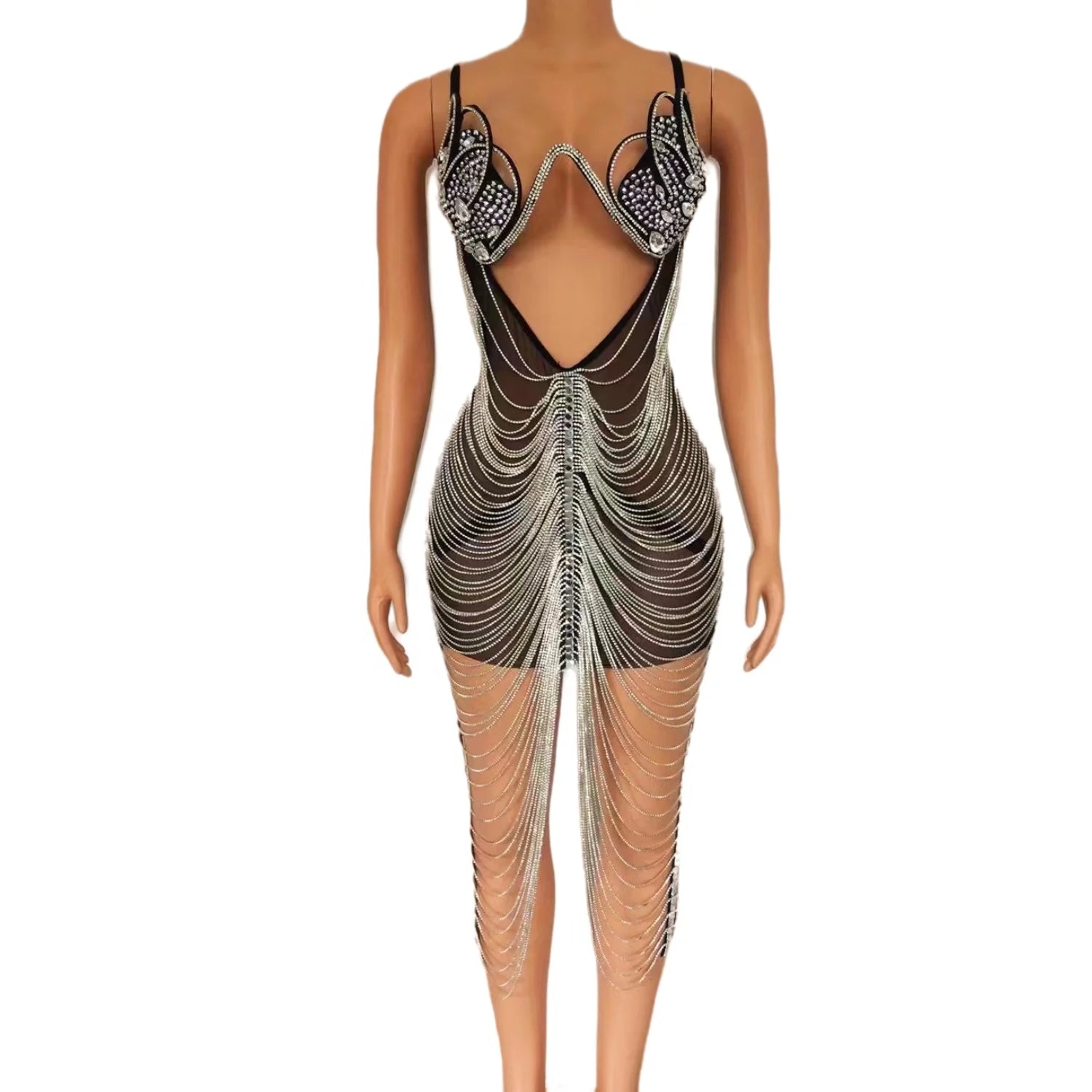 2023 Luxury Spaghetti Strap Crystal Tassel Hip Wrapped Birthday Party Dress Cut Out Women Bodycon Club Dress Sexy Evening Dress
