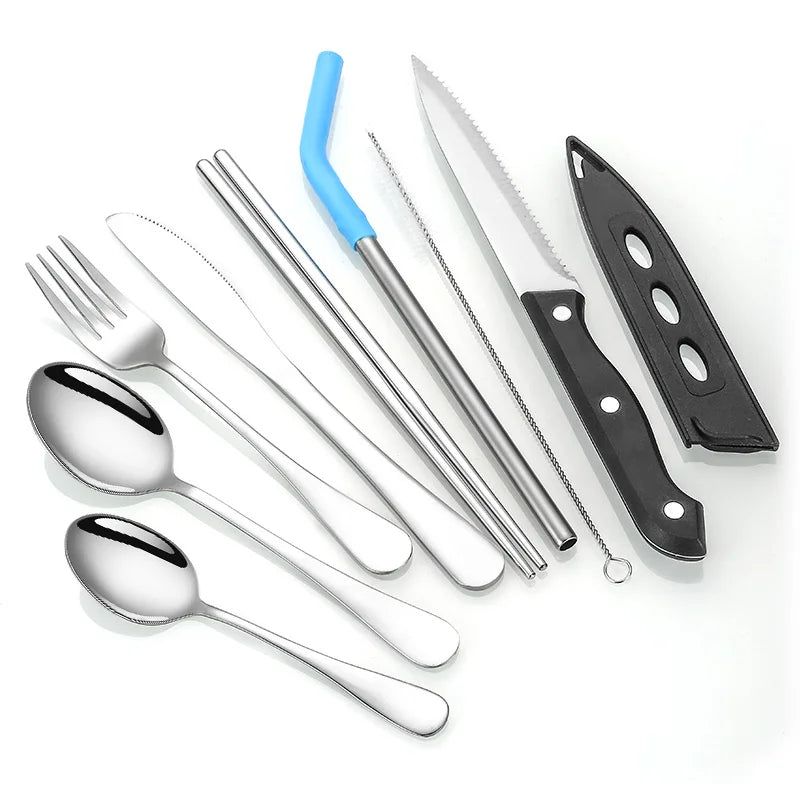 Camping Travel Outdoor Stainless Steel Portable Cutlery Set Spoon Fork Chopstick Spoon Fork Set with Pouch