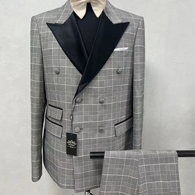 Factory Direct Business Gentleman Gray Plaid Suit Black Suit Collar Men's Slim Suit