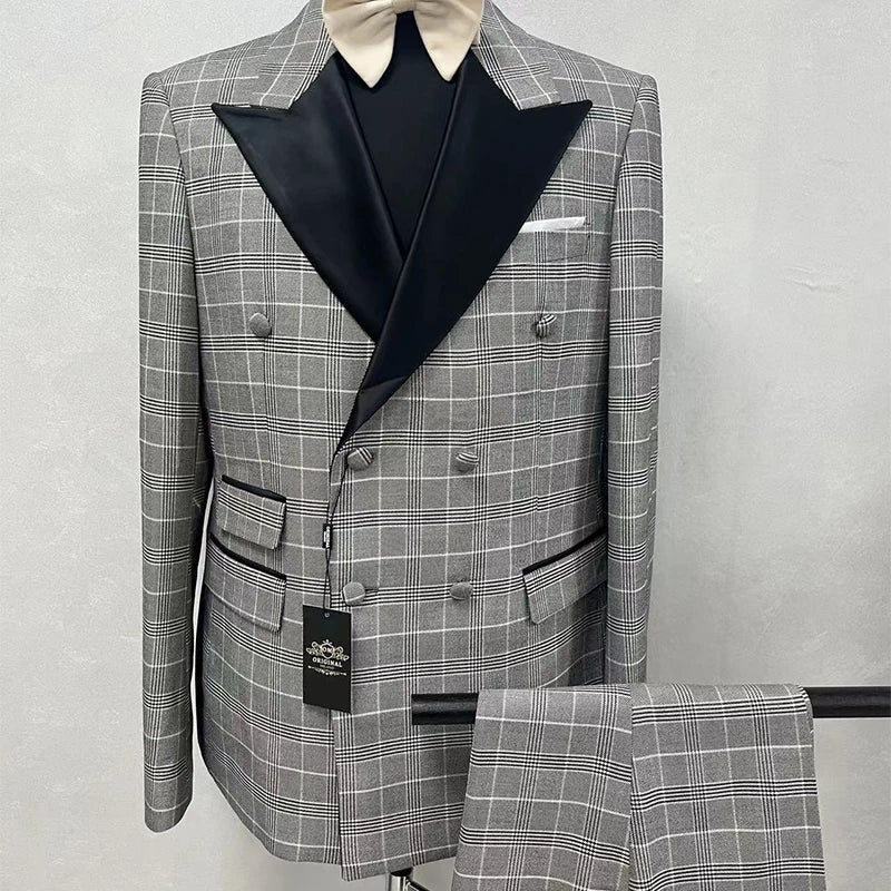 Factory Direct Business Gentleman Gray Plaid Suit Black Suit Collar Men's Slim Suit