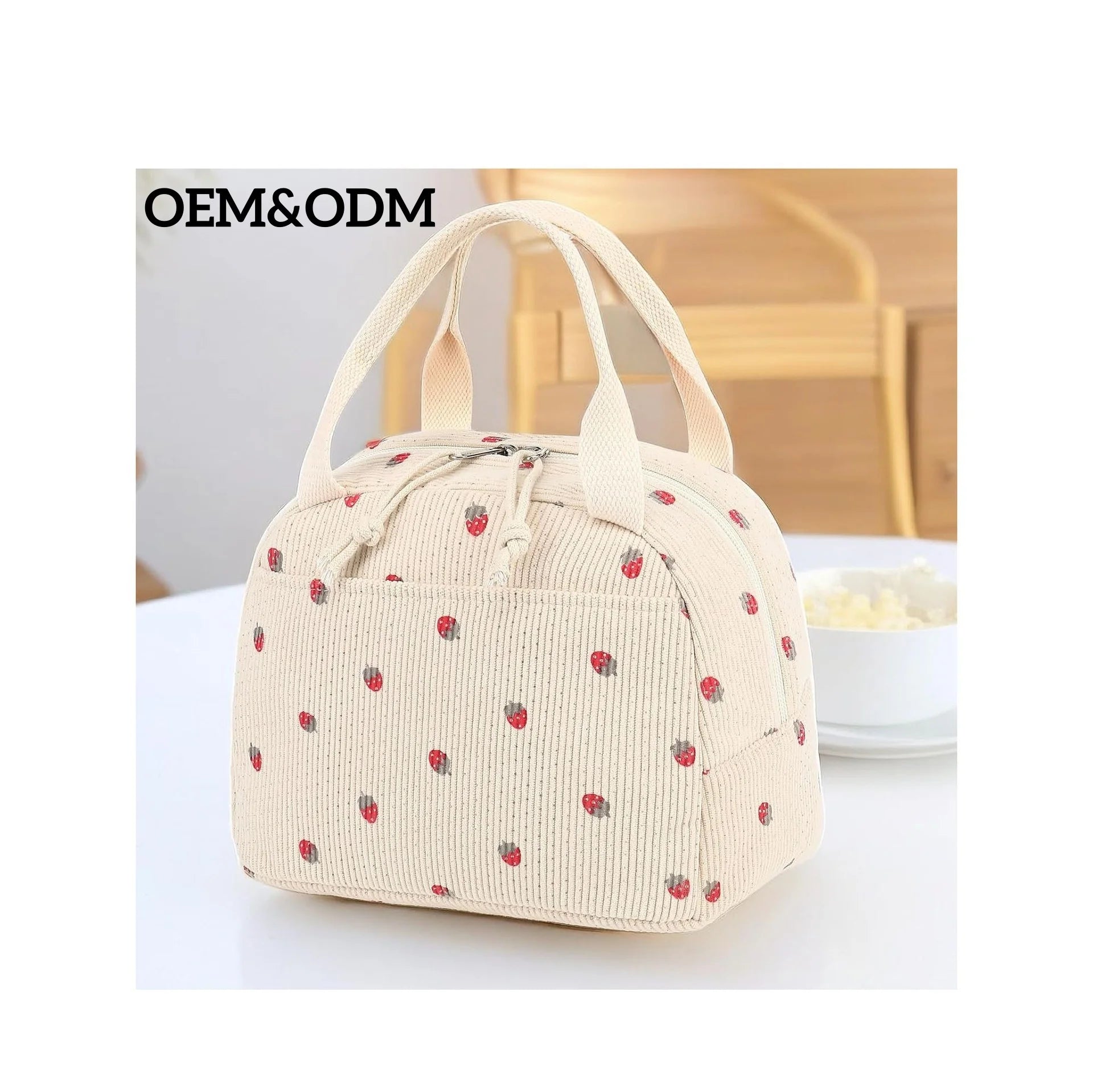 Factory Custom Reusable Insulated Lunch Bag for Women Men Small Cute Corduroy Strawberry Cooler Tote Bag for Work/Office Picnic