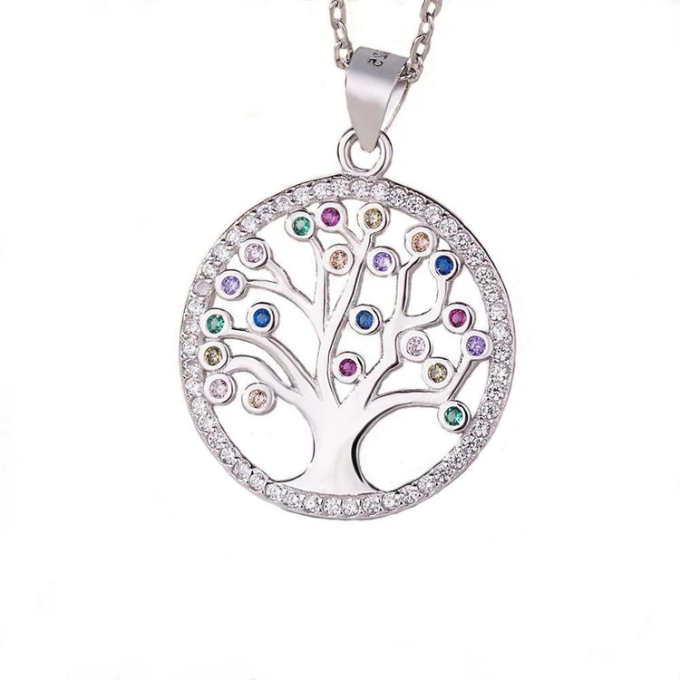 Hot Selling 925 Sterling Silver Fashion Colorful CZ Diamond Tree of Life Pendant Necklace
