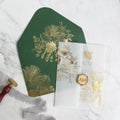 Transparent Acrylic Wedding Invitation Gate Fold Vellum Invitation with Green Floral Envelope
