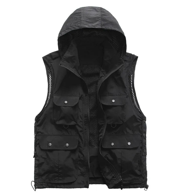 Outdoor Breathable Nylon Mens Fishing Travel Hiking Photography Hood Vest With Multi Pockets for Summer