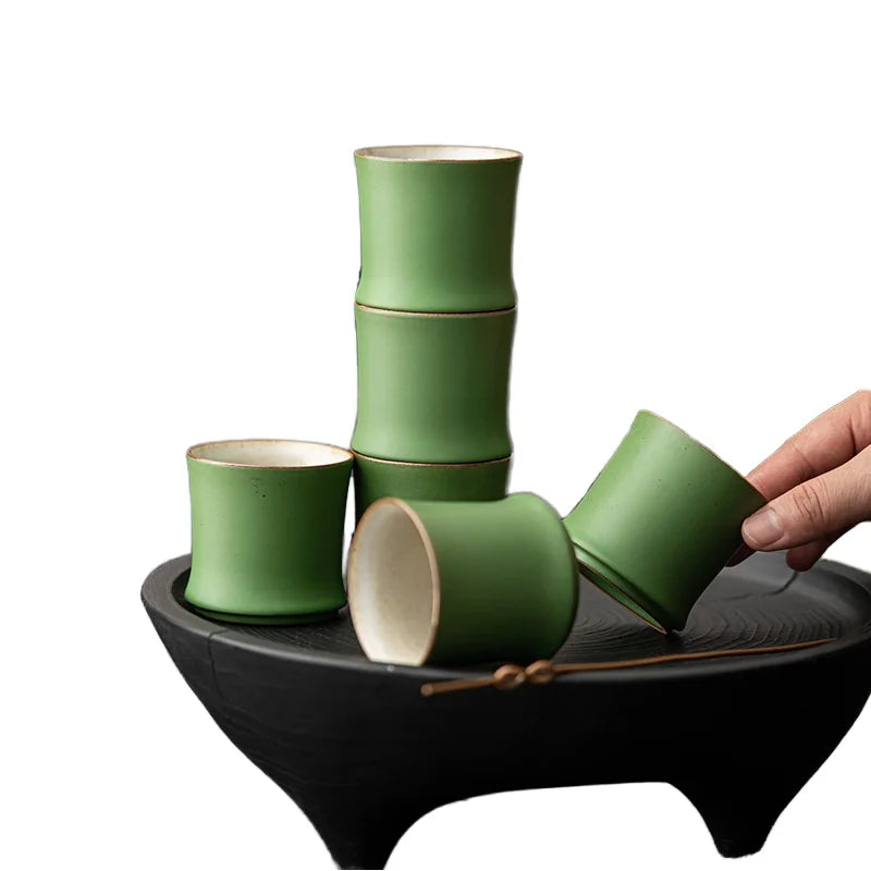 Modern Style Ceramic Bamboo Kung Fu Tea Cup Creative Imitation Green Bamboo Master Cup Home Landscape Coffee Cup