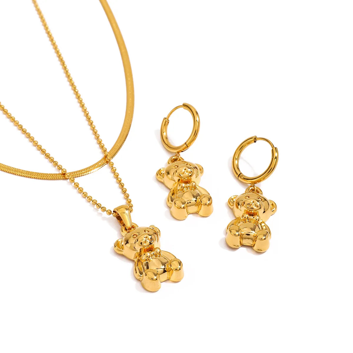 Sweet 18K Gold Plated Stainless Steel Layered Necklace with Bear Charm Pendant Necklace Earring Set Fashion Women Jewelry Gift