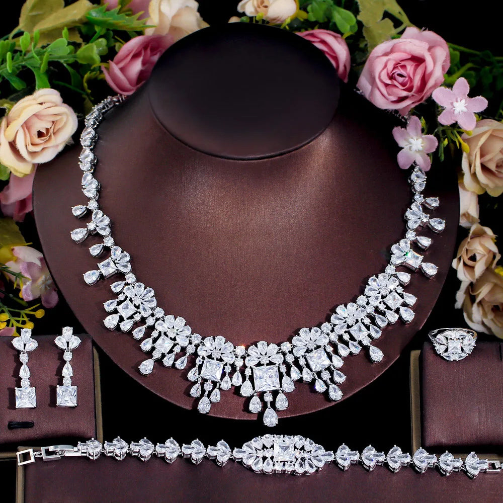 4pcs Big Dubai Cubic Zirconia Flower Fringed Expensive Luxury Chunky Wedding Bridal Necklace Jewelry Sets for Women Jewellery