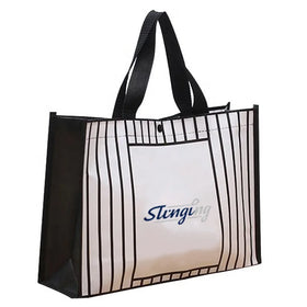 Custom White Black Stripe Polypropylene Recyclable pp Laminated Non Woven Bag Strap Woven Handle Tote Bags with Printed logo