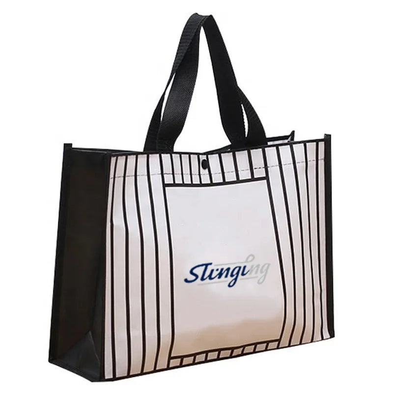 Custom White Black Stripe Polypropylene Recyclable pp Laminated Non Woven Bag Strap Woven Handle Tote Bags with Printed logo