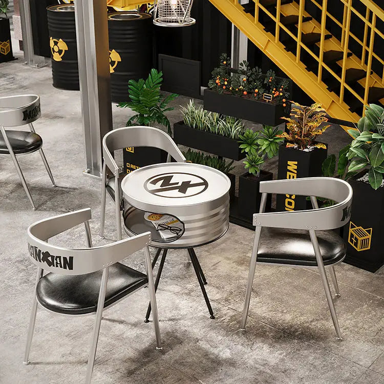 Silver Industrial Commercial Furniture Coffee bar Restaurant Creative Iron Oil Bucket Design Sofa Table and Chair