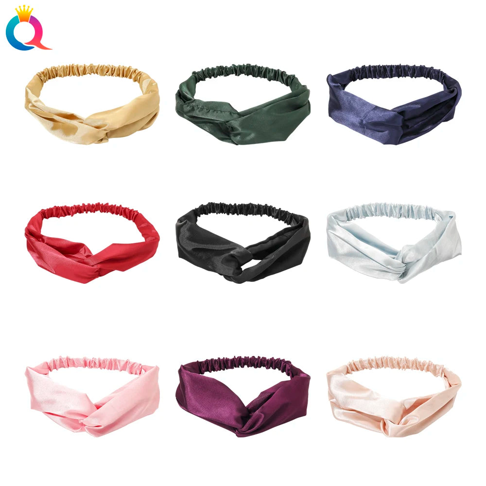 QIYUE Solid Color Satin Sweet Headbands Hair Band Elastic Sweat Band Women's Hair Accessories