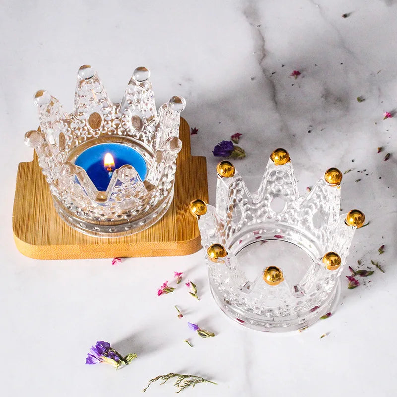 Wholesale Crown Shaped clear Crystal Glass Candle Holders with Gold Beaded