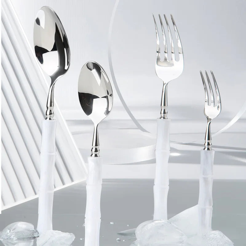 New Unique Resin Bamboo Handle Silverware Fork Knife Spoon Spreader Stainless Steel Bamboo Cutlery Set