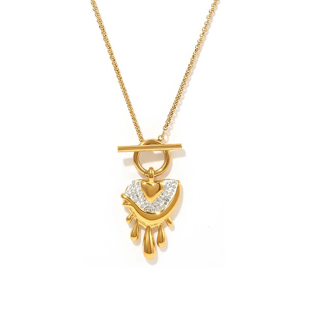 Chic Women's Summer Fashion Pendant Necklace Stainless Steel with Zircon Inlaid Trendy Anti-Water Heart Melted Design Ins Style
