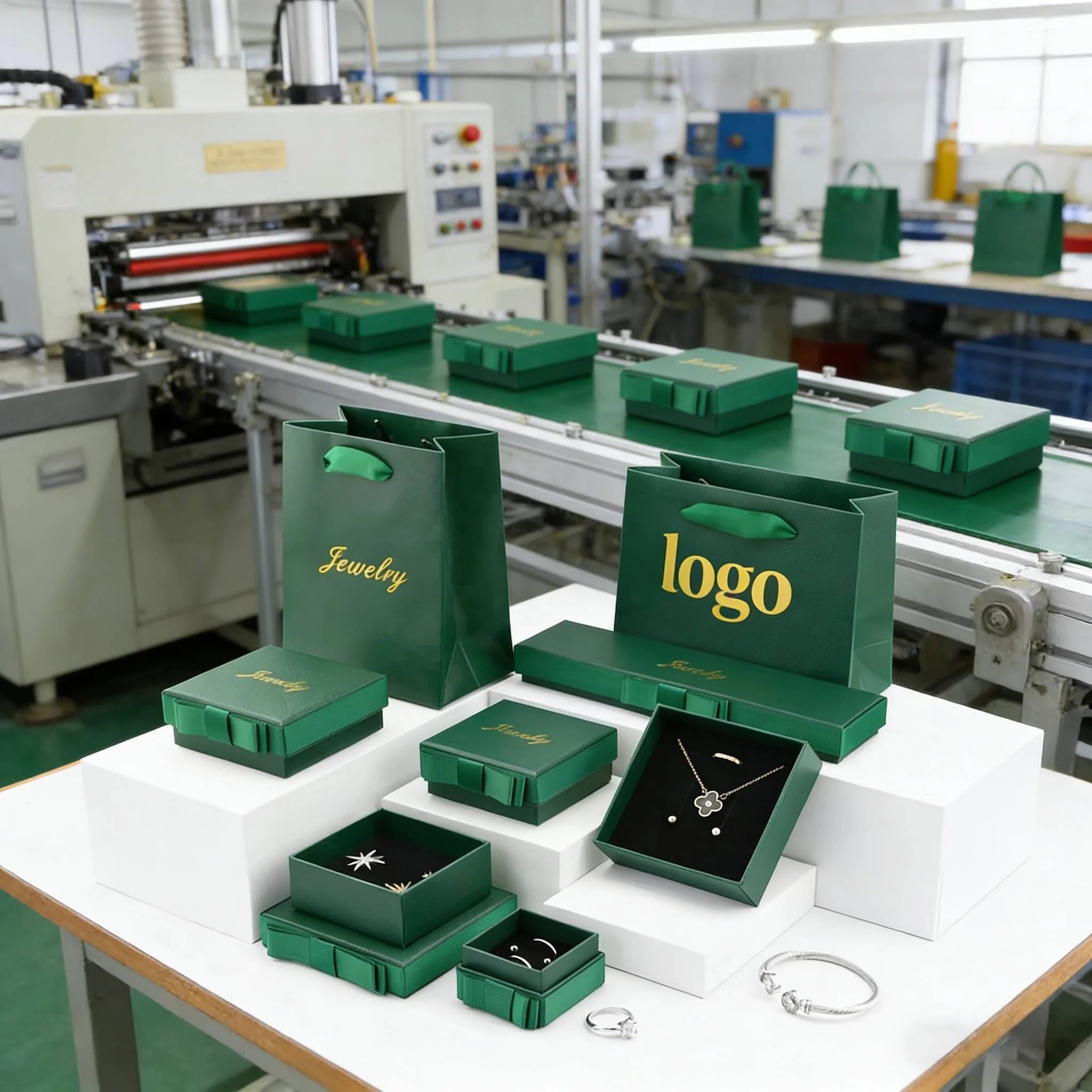 Bulk Wholesale Custom logo Jewelry Two Pieces Rigid Green Jewelry Boxes with Side Bow square Premium Cardboard Lid and Base Box