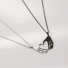 Personalized Simple Stainless Steel Black and White Couple Necklace Skeleton Hand Heart Shape Pendant Necklace