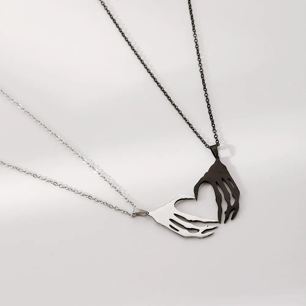 Personalized Simple Stainless Steel Black and White Couple Necklace Skeleton Hand Heart Shape Pendant Necklace