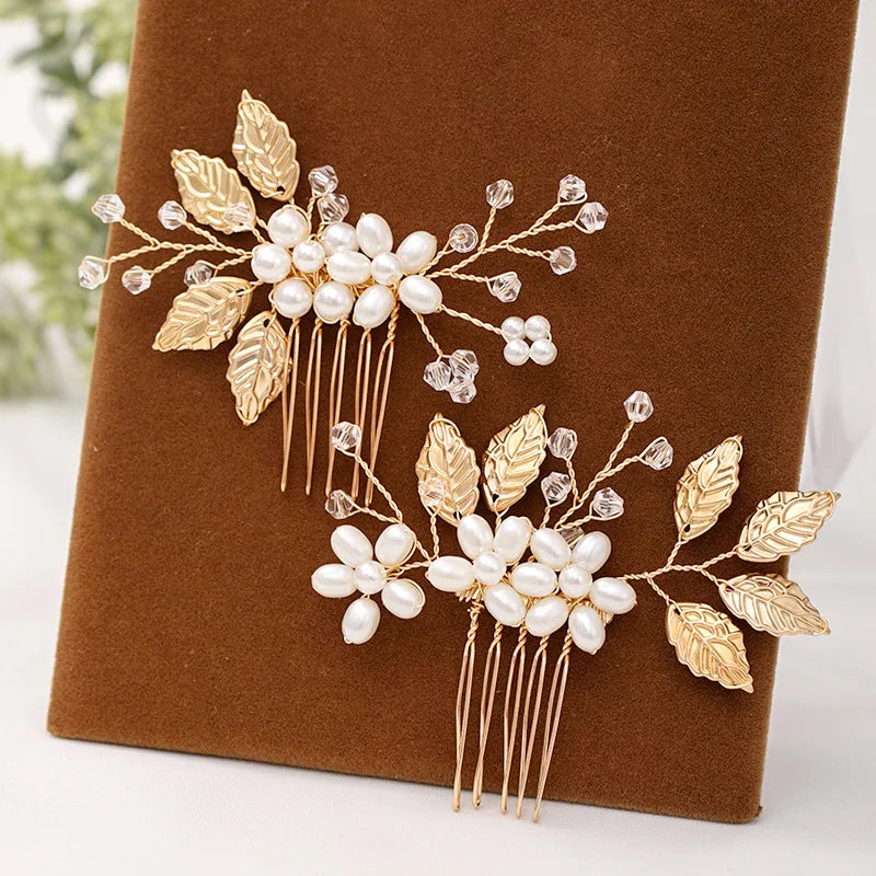 Bride Ornaments Leaf Hair Comb Handmade Pearl Rhinestone Wedding Headpiece European-American Style Trendy Elegant Hair Jewelry