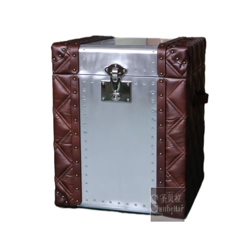 Aluminium Brown Genuine Leather Industrial Antique Square Metal Storage Box for Living Room Home Bar Hospital Furniture