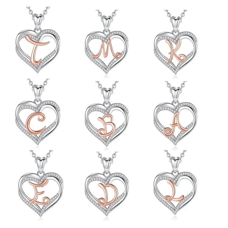 925 Sterling Silver Custom Women Heart 26 Alphabet Cubic Zirconia Initial Letter Pendant Necklace